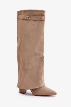 Damskie Boto Kozaki Na Słupku Z Wywiniętą Cholewką Ocieplane Beżowe Urelli
