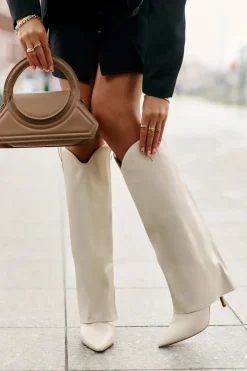 Damskie Boto Kozaki Na Szpilce Z Wywiniętą Cholewką Jasnobeżowe Bellinna