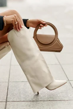 Damskie Boto Kozaki Na Szpilce Z Wywiniętą Cholewką Jasnobeżowe Bellinna