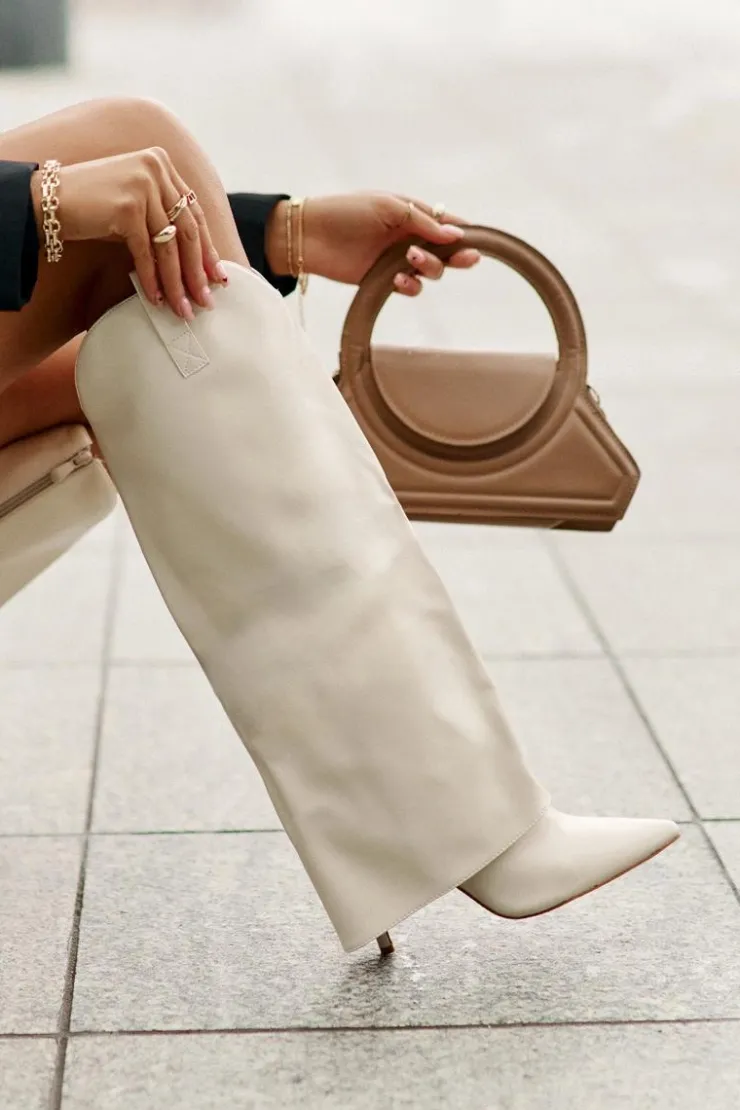 Damskie Boto Kozaki Na Szpilce Z Wywiniętą Cholewką Jasnobeżowe Bellinna