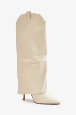 Damskie Boto Kozaki Na Szpilce Z Wywiniętą Cholewką Jasnobeżowe Bellinna