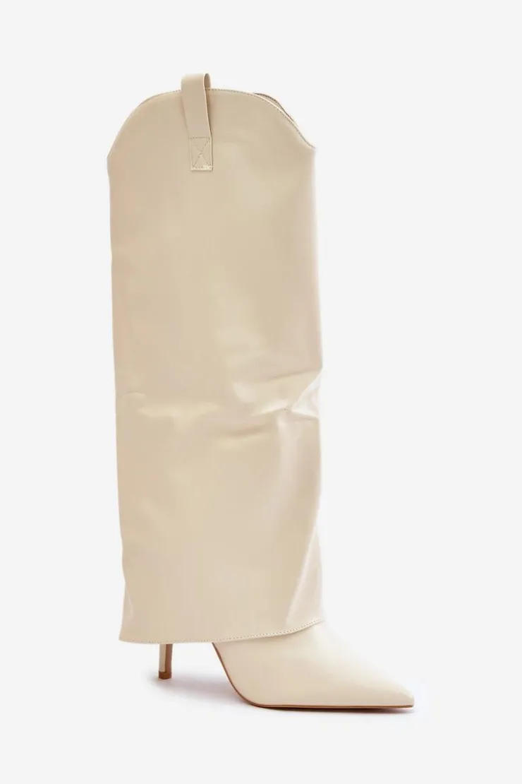 Damskie Boto Kozaki Na Szpilce Z Wywiniętą Cholewką Jasnobeżowe Bellinna