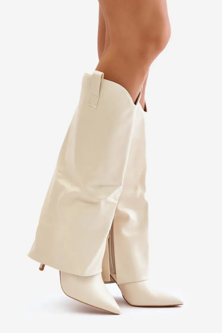 Damskie Boto Kozaki Na Szpilce Z Wywiniętą Cholewką Jasnobeżowe Bellinna