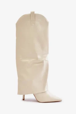 Damskie Boto Kozaki Na Szpilce Z Wywiniętą Cholewką Jasnobeżowe Bellinna