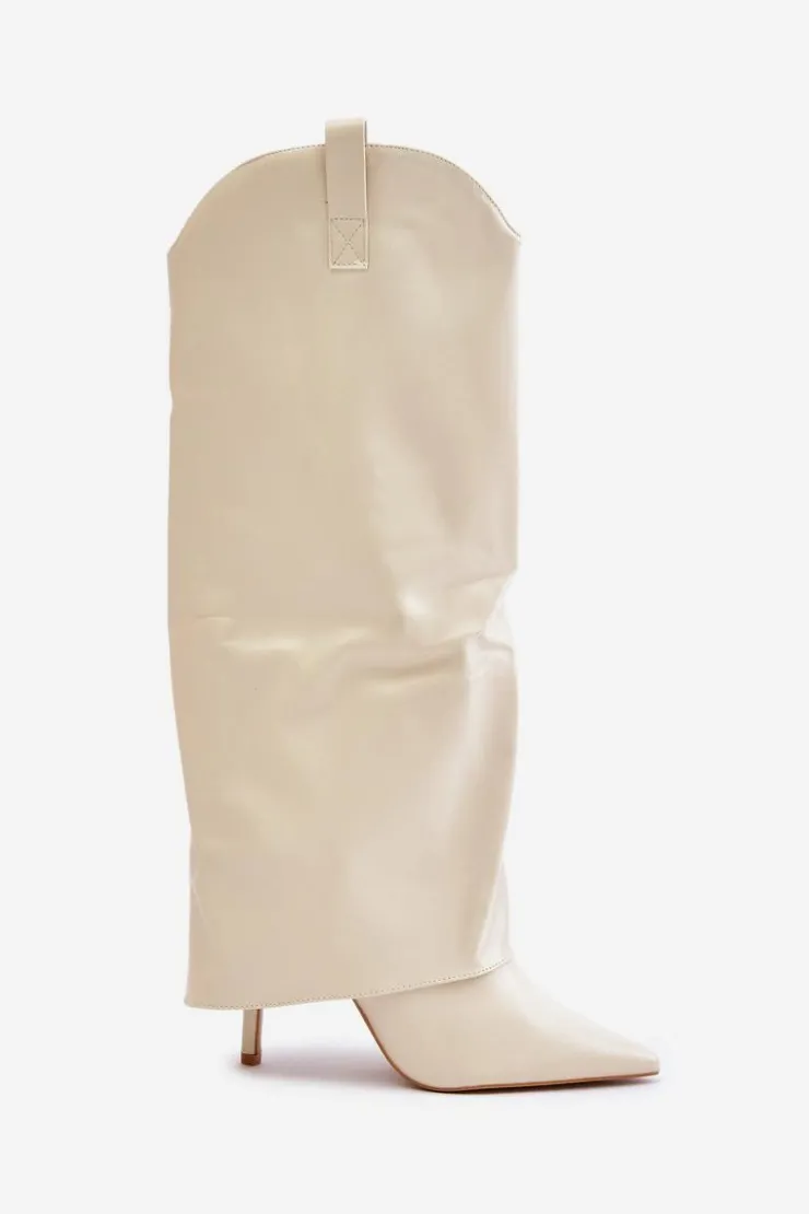Damskie Boto Kozaki Na Szpilce Z Wywiniętą Cholewką Jasnobeżowe Bellinna