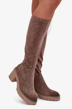 Best Buty damskie Vinceza Kozaki Przed Kolano Eko Zamszowe Na Słupku Vinceza 58332 Ciemnobeżowe Beżowy