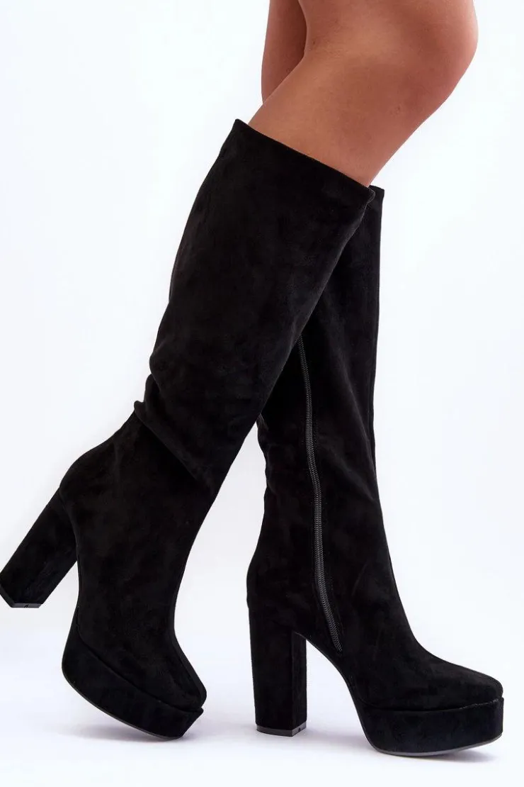 Sale Boto Kozaki Przed Kolano Na Obcasie I Platformie Czarne Baldrema