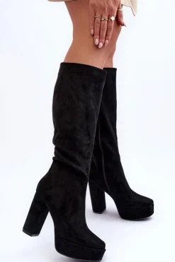Sale Boto Kozaki Przed Kolano Na Obcasie I Platformie Czarne Baldrema