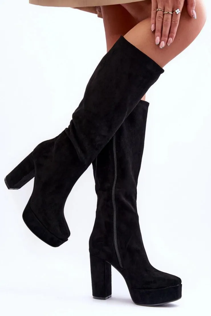 Sale Boto Kozaki Przed Kolano Na Obcasie I Platformie Czarne Baldrema