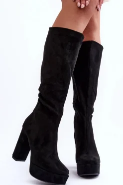 Sale Boto Kozaki Przed Kolano Na Obcasie I Platformie Czarne Baldrema