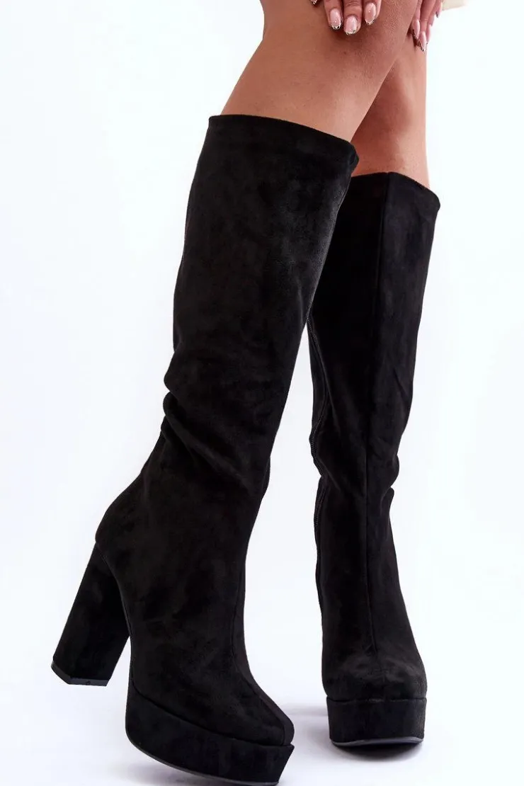 Sale Boto Kozaki Przed Kolano Na Obcasie I Platformie Czarne Baldrema