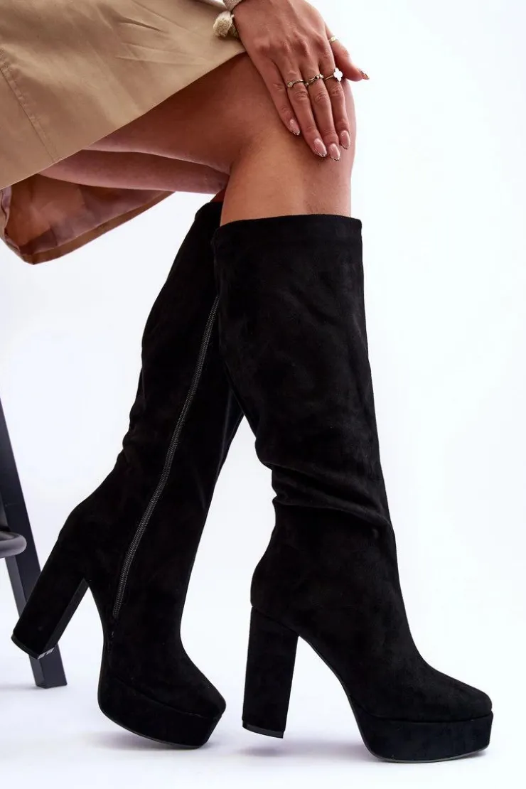 Sale Boto Kozaki Przed Kolano Na Obcasie I Platformie Czarne Baldrema