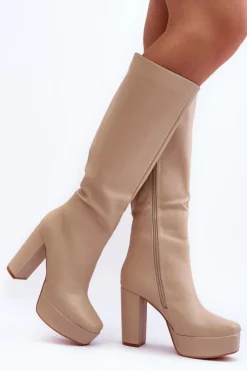 Boto Kozaki Przed Kolano Na Obcasie I Platformie Beżowe Baldrema Beżowy