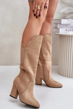 Damskie Boto Kozaki Przed Kolano Na Słupku Z Eko Zamszu Beżowe Clorira