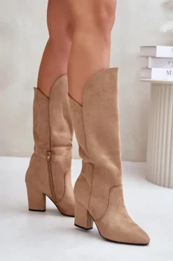 Damskie Boto Kozaki Przed Kolano Na Słupku Z Eko Zamszu Beżowe Clorira