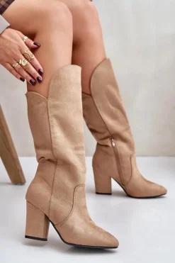 Damskie Boto Kozaki Przed Kolano Na Słupku Z Eko Zamszu Beżowe Clorira