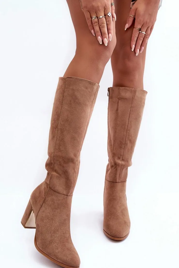 Boto Kozaki Przed Kolano|Kozaki Na Obcasie*Kozaki Przed Kolano Na Słupku Zamszowe Ciemnobeżowe Kilrenita