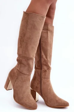 Boto Kozaki Przed Kolano|Kozaki Na Obcasie*Kozaki Przed Kolano Na Słupku Zamszowe Ciemnobeżowe Kilrenita