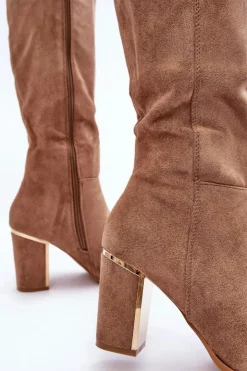 Boto Kozaki Przed Kolano|Kozaki Na Obcasie*Kozaki Przed Kolano Na Słupku Zamszowe Ciemnobeżowe Kilrenita