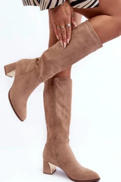 Online Boto Kozaki Przed Kolano Zamszowe Na Obcasie Beżowe Inatris