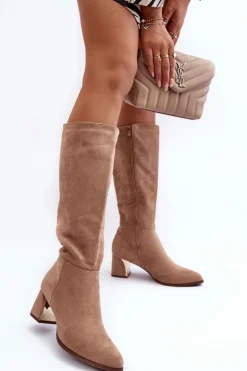 Online Boto Kozaki Przed Kolano Zamszowe Na Obcasie Beżowe Inatris