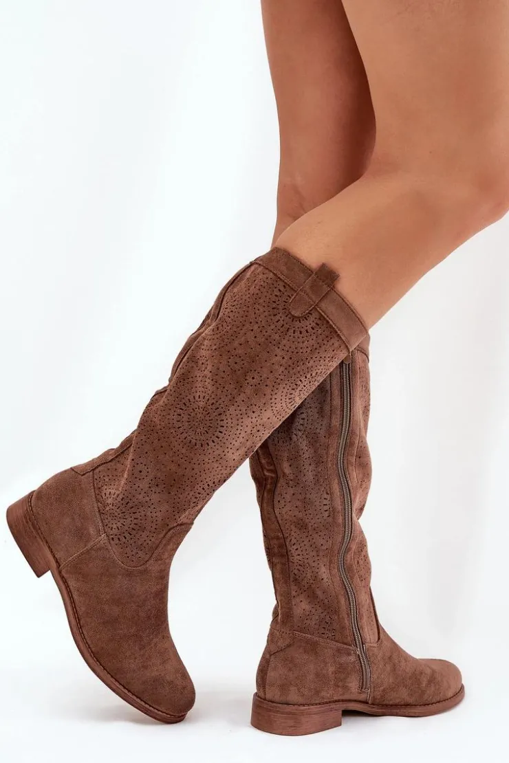 Damskie buty S.Barski Kozaki Wiosenne|Kozaki Ażurowe*Kozaki Z Ażurową Cholewką Na Płaskim Obcasie S.Barski HY51-860 Brązowe Brązowy