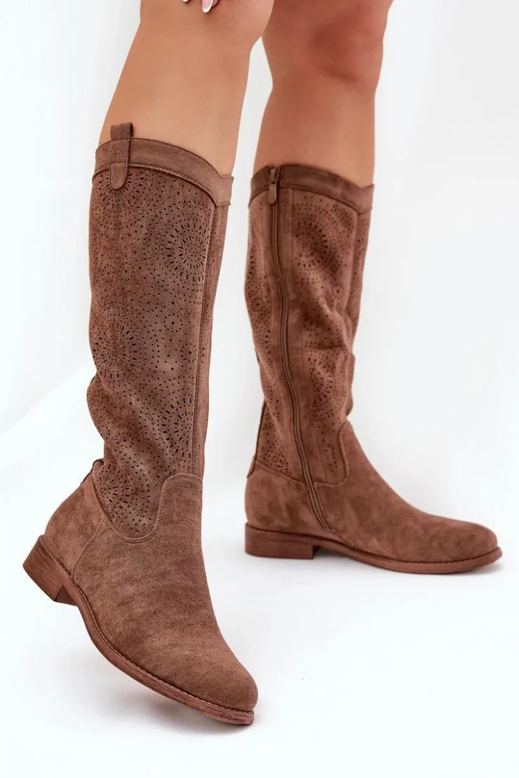 Damskie buty S.Barski Kozaki Wiosenne|Kozaki Ażurowe*Kozaki Z Ażurową Cholewką Na Płaskim Obcasie S.Barski HY51-860 Brązowe Brązowy