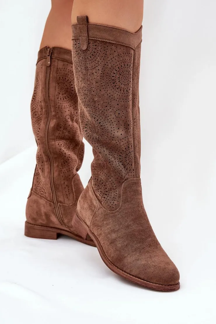 Damskie buty S.Barski Kozaki Wiosenne|Kozaki Ażurowe*Kozaki Z Ażurową Cholewką Na Płaskim Obcasie S.Barski HY51-860 Brązowe Brązowy