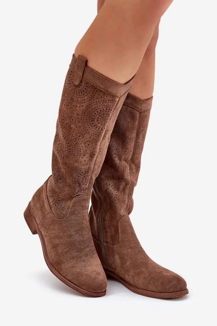 Damskie buty S.Barski Kozaki Wiosenne|Kozaki Ażurowe*Kozaki Z Ażurową Cholewką Na Płaskim Obcasie S.Barski HY51-860 Brązowe Brązowy