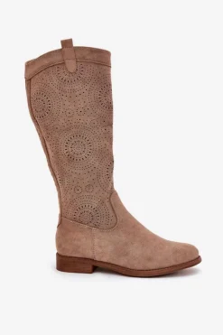 Damskie buty S.Barski Kozaki Wiosenne|Kozaki Ażurowe*Kozaki Z Ażurową Cholewką Na Płaskim Obcasie S.Barski HY51-860 Beżowe