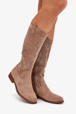 Damskie buty S.Barski Kozaki Wiosenne|Kozaki Ażurowe*Kozaki Z Ażurową Cholewką Na Płaskim Obcasie S.Barski HY51-860 Beżowe