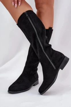 Damskie Damskie buty S.Barski Kozaki Z Ażurową Cholewką Na Płaskim Obcasie S.Barski HY51-860 Czarne