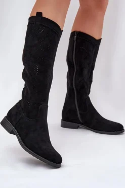 Damskie Damskie buty S.Barski Kozaki Z Ażurową Cholewką Na Płaskim Obcasie S.Barski HY51-860 Czarne