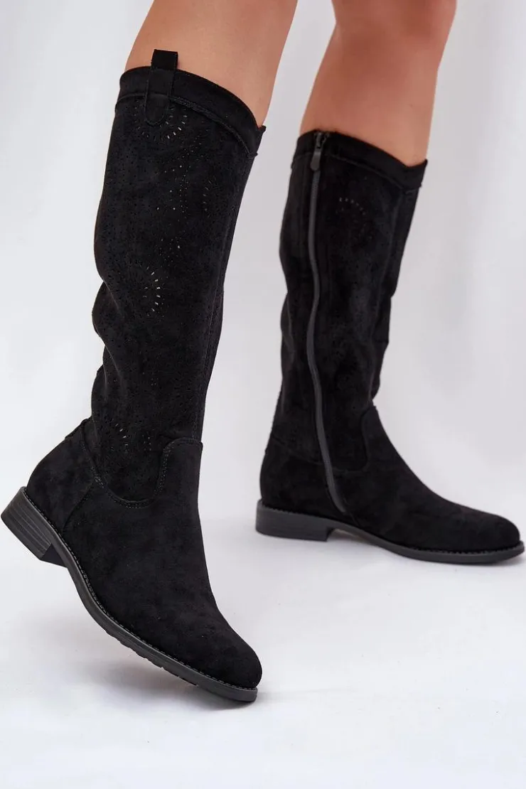 Damskie Damskie buty S.Barski Kozaki Z Ażurową Cholewką Na Płaskim Obcasie S.Barski HY51-860 Czarne