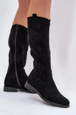 Damskie Damskie buty S.Barski Kozaki Z Ażurową Cholewką Na Płaskim Obcasie S.Barski HY51-860 Czarne