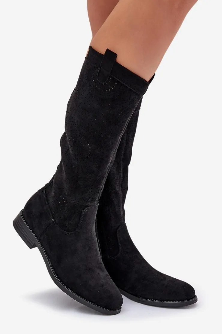 Damskie Damskie buty S.Barski Kozaki Z Ażurową Cholewką Na Płaskim Obcasie S.Barski HY51-860 Czarne