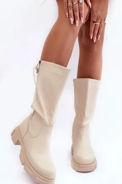 Sale Boto Kozaki Z Cholewką Do Połowy Łydki Jasnobeżowe Lizames