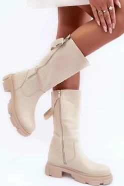 Sale Boto Kozaki Z Cholewką Do Połowy Łydki Jasnobeżowe Lizames