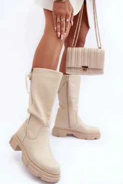 Sale Boto Kozaki Z Cholewką Do Połowy Łydki Jasnobeżowe Lizames