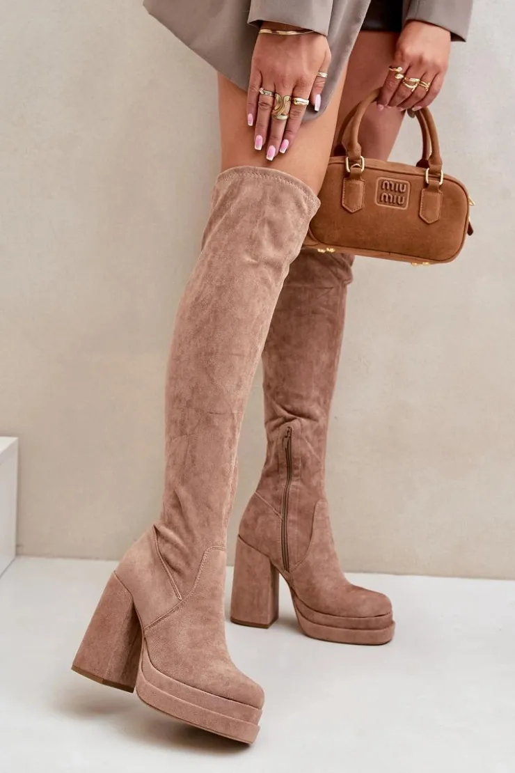 Damskie Boto Kozaki Z Cholewką Za Kolano Na Słupku I Platformie Beżowe Nadelian