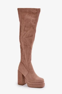 Damskie Boto Kozaki Z Cholewką Za Kolano Na Słupku I Platformie Beżowe Nadelian