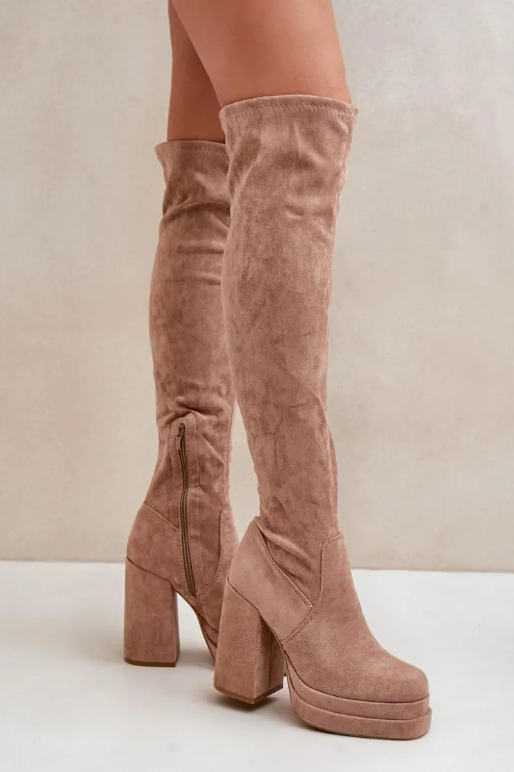 Damskie Boto Kozaki Z Cholewką Za Kolano Na Słupku I Platformie Beżowe Nadelian