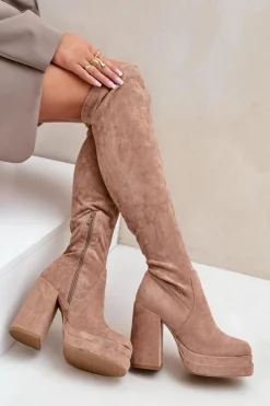 Damskie Boto Kozaki Z Cholewką Za Kolano Na Słupku I Platformie Beżowe Nadelian