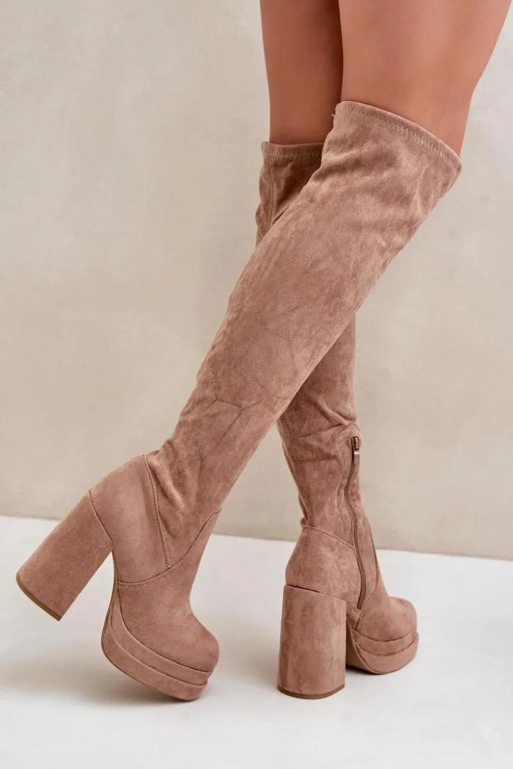 Damskie Boto Kozaki Z Cholewką Za Kolano Na Słupku I Platformie Beżowe Nadelian