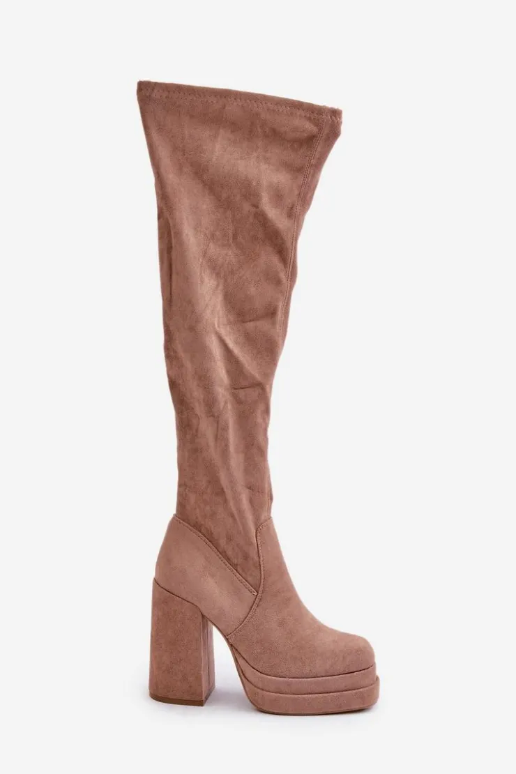 Damskie Boto Kozaki Z Cholewką Za Kolano Na Słupku I Platformie Beżowe Nadelian