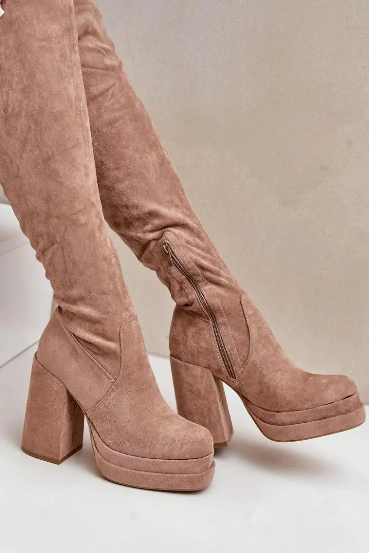 Damskie Boto Kozaki Z Cholewką Za Kolano Na Słupku I Platformie Beżowe Nadelian