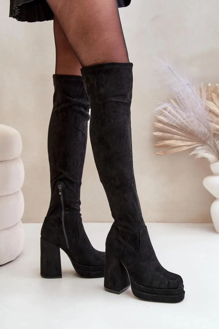 Damskie Boto Kozaki Z Cholewką Za Kolano Na Słupku I Platformie Czarne Nadelian