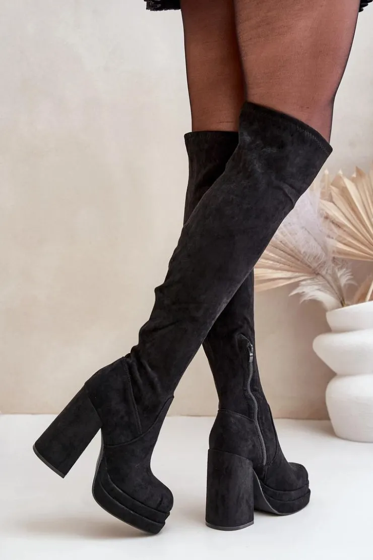 Damskie Boto Kozaki Z Cholewką Za Kolano Na Słupku I Platformie Czarne Nadelian