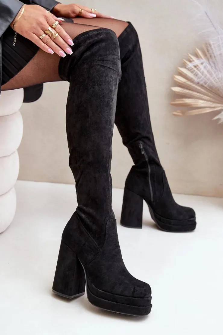 Damskie Boto Kozaki Z Cholewką Za Kolano Na Słupku I Platformie Czarne Nadelian