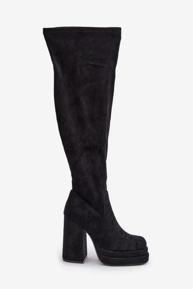 Damskie Boto Kozaki Z Cholewką Za Kolano Na Słupku I Platformie Czarne Nadelian